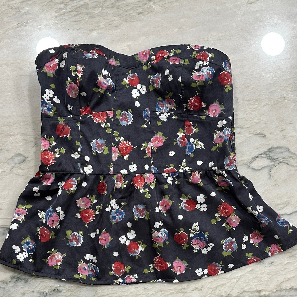 American Eagle Outfitters Navy Floral Print Corset Bustier Peplum Top